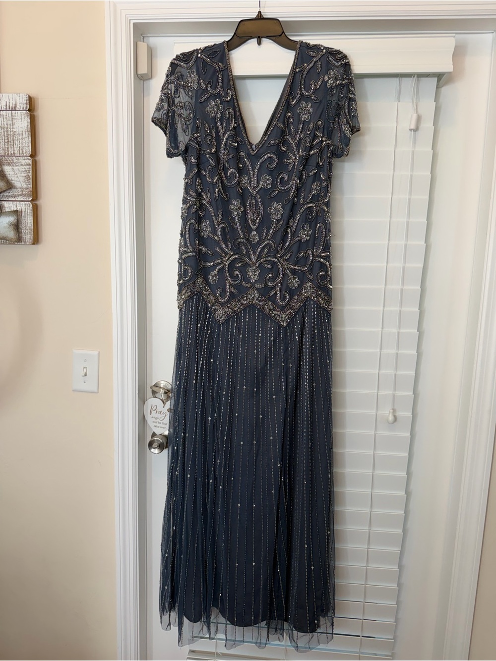 Pisarro Nights Navy Beaded V-Neck Maxi Gown